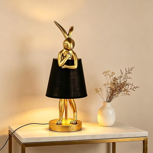 YHT Bunny Table Lamp, Cute Animal Rabbit Lamp,15.7" Vintage LED Desk Light with Linen Lampshade, for Bedroom, Study Room, Office, Home Decor,Mothers Day Gifts for Mom(Black)