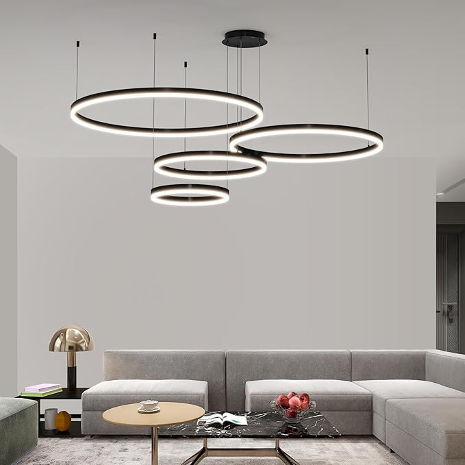 Mikeru Modern 4 Ring Chandelier Light, LED Pendant Light Fixtures with Remote Control 3000k-6500K Adjustable Color Temperature Light for Living Room, Bedroom, Kitchen