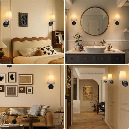 Lightess Pull Chain Light Fixture Wall, Indoor Wall Sconces Set of 2, Vintage Wall Lamps with White Fabric Shade for Bedroom Living Room Corridor