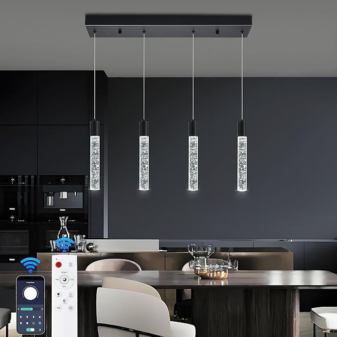 4 Light Pendant Lights Kitchen Island, Modern Matte Black Crystal Pendants with Dimmable 3000K-6000K LED Ceiling Hanging Light Fixture for Dining Room Bedroom, Adjustable Height 59"