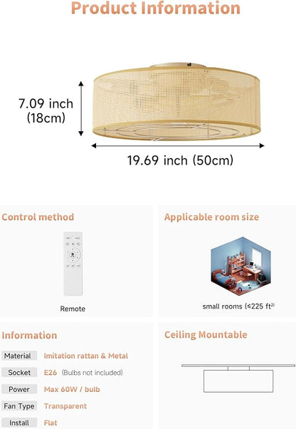 Ceiling Fans with Lights Flush Mount, 20" Rattan Boho Ceiling Fan with Light, Low rofile with 6 Speeds, Remote Control for Bedroom, Nursery, Living Room