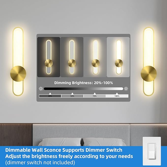 JAYMP Modern Wall Sconce 4000K Dimmable LED Wall Light Fixture, Hardwired Wall Lamp for Living Room, Dining Room, Bedroom, Hallway, Lobby, Entryway, 1 Pack (Brushed Gold, H90cm/35.4inch)