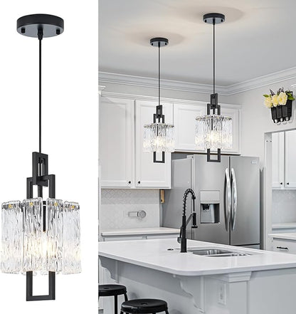 Modern Black Pendant Light Fixtures for Kitchen Island and Dining Room, Industrial Mini Small Hanging Crystal Chandelier Lights Fixture for Entryway Hallway Foyer Living Room Bedroom 1-Pack
