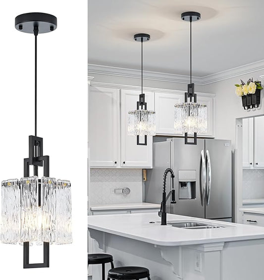 Modern Black Pendant Light Fixtures for Kitchen Island and Dining Room, Industrial Mini Small Hanging Crystal Chandelier Lights Fixture for Entryway Hallway Foyer Living Room Bedroom 1-Pack