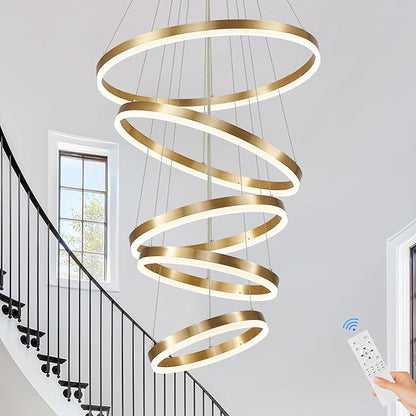 Modern LED Chandelier for Foyer Dimmable Gold High Ceiling Chandeliers Foyer with Remote Control for Entryway Dining Room Living Room Staircase, 3000K-6500K(5-Rings D23.6’’)