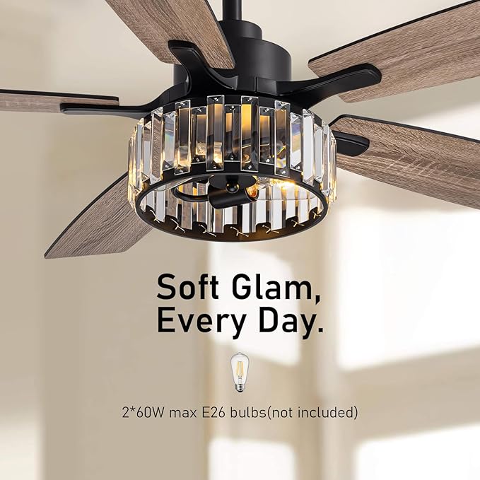 52 inch Crystal Fandelier Ceiling Fan with LED Lights, Chandelier Ceiling Fan with Remote and APP Control, Reversible Ceiling Fan for Indoor, Used in Bedroom, Living Room, Pation