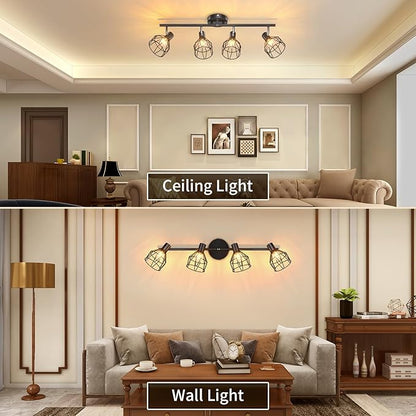 GORDNWE 4-Light Kitchen Track Lighting, Adjustable Metal Wire Cage Ceiling Light with E12 Base, Track Lighting Fixtures Black Farmhouse Ceiling Light Fixture Fits for Bedroom Living Room