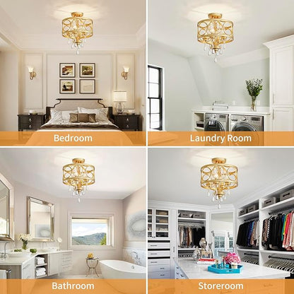 Crystal Ceiling Light Fixture, Modern Semi Flush Mount Ceiling Light, 4-Light Gold Round Crystal Chandelier Hallway Lighting Fixtures for Bedroom Bathroom Foyer Entryway Dining Room Kitchen