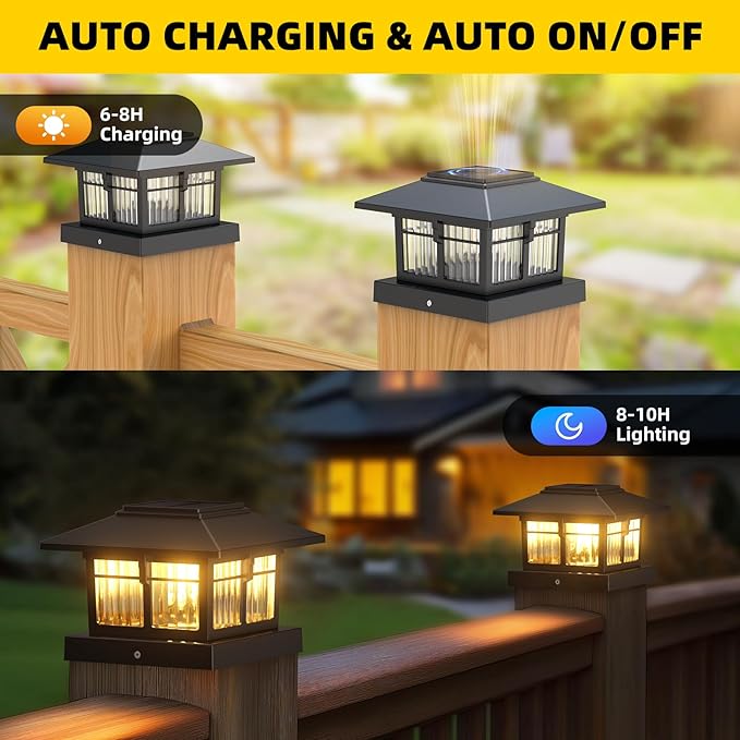 EXCMARK 2 Pack 4x4 Solar Post Cap Lights, Fence Deck Post Lights Outdoor Solar Powered Waterproof with Two Light Modes Warm&Cool White for Garden Patio Decor. (Classic Black,2)