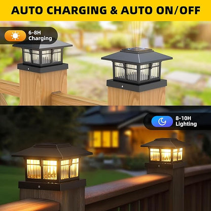 EXCMARK 4x4 Solar Post Cap Lights, 4 Pack Fence Deck Post Lights Outdoor Solar Powered Waterproof with Two Light Modes Warm&Cool White for Garden Patio Decor. (Classic Black, 4)