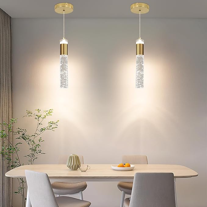 2 Pack Modern Kitchen Island Pendant Lights, Gold Bubble Crystal Ceiling Hanging Light, 3 Color 2700K/4500K/6500K, Mini Linear LED Chandelier Lighting for Dining Room, Bedroom, Bar, Hallway, Bedside