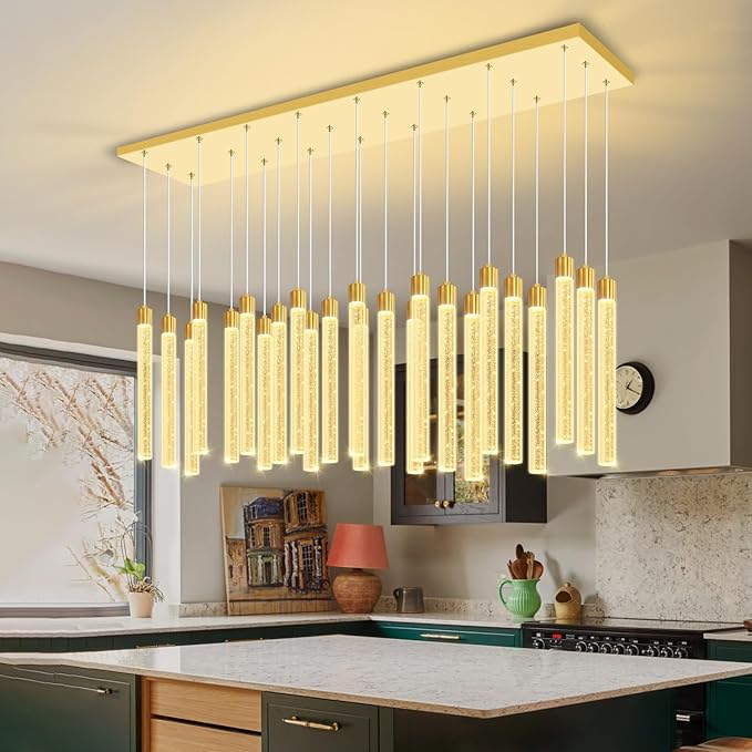 Modern Rectangular Crystal Chandeliers LED Dimmable Crystal Column Chandelier Living Room Foyer Crystals Pendant Light for Dining Room Adjustable Height 24-Light Gold
