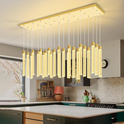 Modern Rectangular Crystal Chandeliers LED Dimmable Crystal Column Chandelier Living Room Foyer Crystals Pendant Light for Dining Room Adjustable Height 24-Light Gold