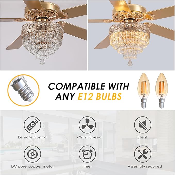 Asyko 62" Golden Crystal Ceiling Fan Fandelier with Lights - Modern Chandelier Fans with Remote Control，Noiseless DC Motor, Retro/Farmhouse Lighting, Dining Room,Living Room