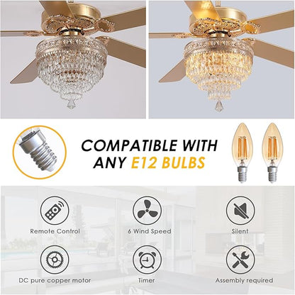 Asyko 62" Golden Crystal Ceiling Fan Fandelier with Lights - Modern Chandelier Fans with Remote Control，Noiseless DC Motor, Retro/Farmhouse Lighting, Dining Room,Living Room