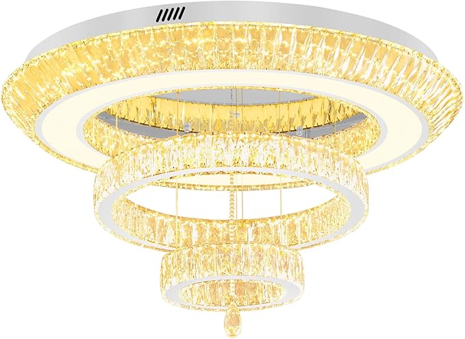 Modern Large Ring Crystal Chandelier Modern Luxury Chrome Crystal Ceiling Lights Fixture for Dining Living Room D40 Inch 3-Tier Raindrop Chandeliers LED Dimmable Lighting