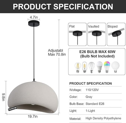 19.7in Wabi Sabi Pendant Light, Kitchen Island Lighting Fixture Ceiling Mount Japanese Lamp Japandi Chandelier for Dining Living Room Hallway Bedroom Restaurant Hanging Lamp, Grey 1 Pack