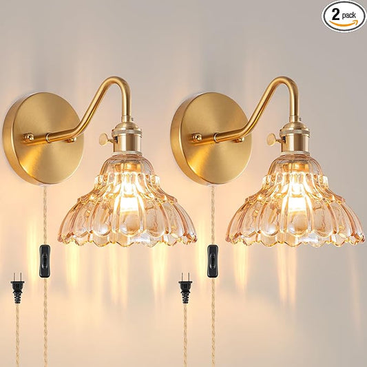 Plug-in Wall Sconce (Set of 2), Vintage Wall Decorative Lamp with Amber Glass Shade, Indoor Brass Plug-in Wall Sconce for Bedroom, Living Room, Bathroom, Hallway