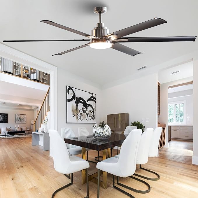 72-Inch DC Motor Ceiling Fan with LED Light, 6 Black Aluminum Blades, Remote Control, Reversible, Energy Efficient Large Indoor/Outdoor Ceiling Fan for Living Room, Patio
