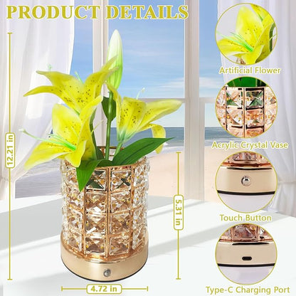 Lily Flower Lamps, Rechargeable Cordless Small Desk Lamp, 3 Colors Dimmable Artificial Flowers Night Light, Fake Bouquet 3 Lilies with Crystal Vase for Home Date Party Decoration (Yellow - Lily)