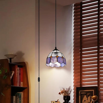 HuisMier Tiffany Style Plug in Pendant Light, 15 Feet Cord Stained Glass Hanging Lamp with Dimmable On Off Switch, Vintage Swag Ceiling Lamp for Dining Room Living Room Bedroom, 7.9" Width
