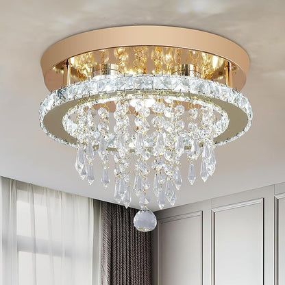 Deckrico Modern Gold Crystal Chandelier 11.8" LED Ceiling Light, Flush Mount Lighting Fixture for Bedroom, Hallway, Kitchen, Dining Room – Cool White