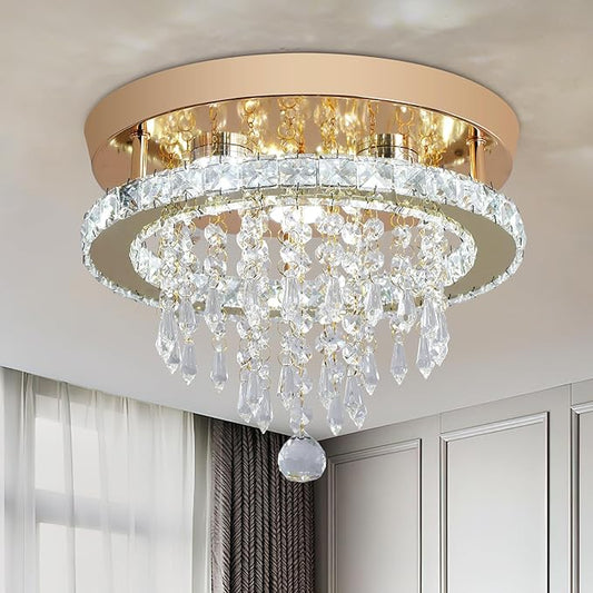 Deckrico Modern Gold Crystal Chandelier 11.8" LED Ceiling Light, Flush Mount Lighting Fixture for Bedroom, Hallway, Kitchen, Dining Room – Cool White