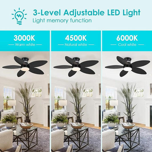 Surtime 46" Black Ceiling Fans with RGB Lights - Flush Mount Ceiling Fan Light with LED 3CCT Dimmable, Tropical Palm Leaf Ceiling Fans for Indoor Party,Covered Outdoor