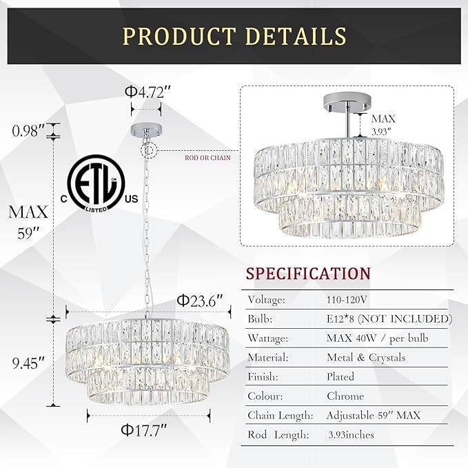 24'' Luxury Chrome Crystal Chandelier 8-Lights Modern Semi Flush Mount Ceiling Light Fixtures Round Crystal Pendant Chandeliers for Living Room Dining Room Kitchen Foyer Bedroom