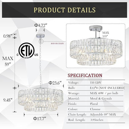 24'' Luxury Chrome Crystal Chandelier 8-Lights Modern Semi Flush Mount Ceiling Light Fixtures Round Crystal Pendant Chandeliers for Living Room Dining Room Kitchen Foyer Bedroom