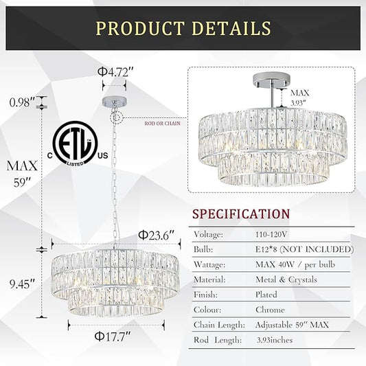 24'' Luxury Chrome Crystal Chandelier 8-Lights Modern Semi Flush Mount Ceiling Light Fixtures Round Crystal Pendant Chandeliers for Living Room Dining Room Kitchen Foyer Bedroom