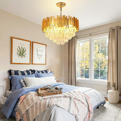 Depuley Modern Gold Crystal Chandelier: 6-Light 4-Tier Flush Mount Chandelier 12 Inch Luxury Round Hanging Pendant Light Fixture for Porch Bedroom Dining Room Foyer Included Bulbs
