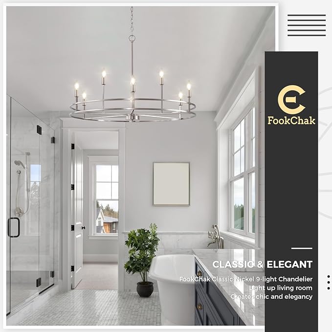 Modern Brushed Nickel Chandelier 9-Light Master Bedroom Chandelier Light Fixture Silver Metal Round Chandelier Living Room Lighting for Dining Room Bathroom Foyer Entrance, 35in