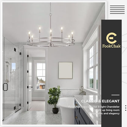 Modern Brushed Nickel Chandelier 9-Light Master Bedroom Chandelier Light Fixture Silver Metal Round Chandelier Living Room Lighting for Dining Room Bathroom Foyer Entrance, 35in