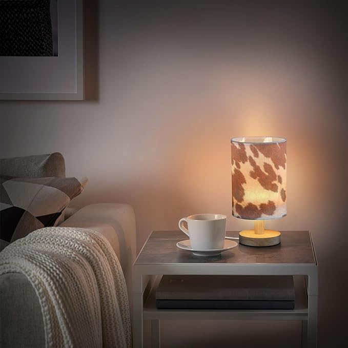 Bedside Table Lamp White Brown Cow Print Nightstand Lamp with Wood Animal Skin Desk Lamps for Bedroom Living Room Nursery Office Home Decor