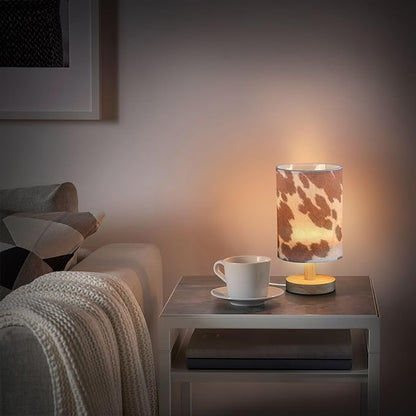 Bedside Table Lamp White Brown Cow Print Nightstand Lamp with Wood Animal Skin Desk Lamps for Bedroom Living Room Nursery Office Home Decor