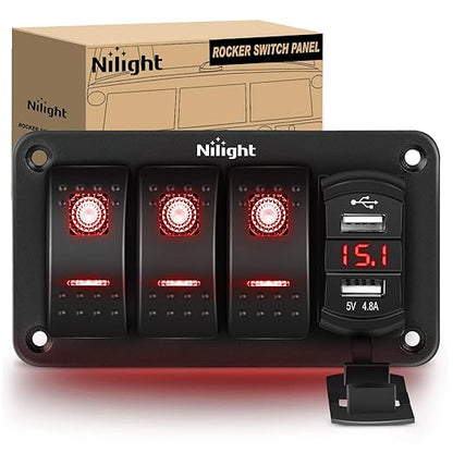 Nilight 3 Gang Rocker Switch Panel Green Backlit with 4.8 Amp Dual USB Charger Voltmeter Waterproof 12V 24V DC Night Glow Stickers for Cars Trucks Boats RVs