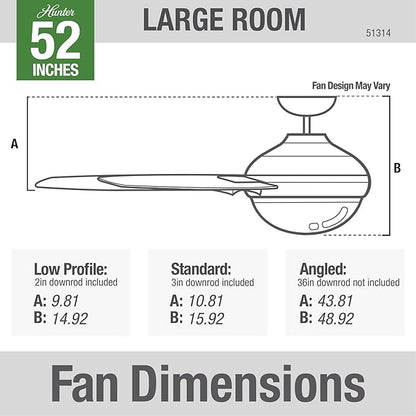 Hunter 52 inch Indoor Ceiling Fan with LED Light and Remote Control - Black Modern Smart Ceiling Fan, Standard Mount, 5 Blades, For Bedroom, Living Room, or Kitchen, Quiet- Aerodyne 51314, Matte Black