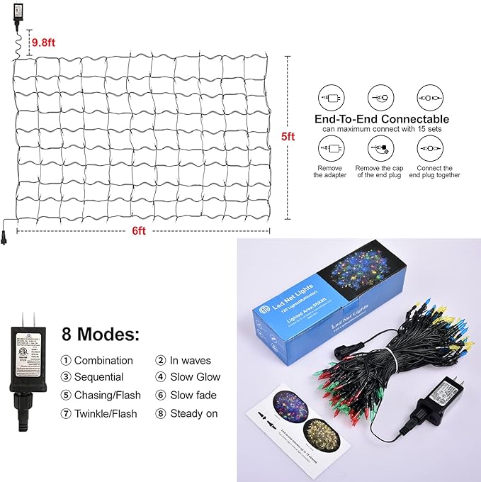 Neoclassy 120Led Christmas Net Lights Outdoor 5ft x 6ft Connectable, 8 Modes Waterproof Black Wire 29V Plug in Mesh Net Christmas Lights for Garden, Yard, Bushes, Trunk, Xmas Tree Decor (Multicolor)
