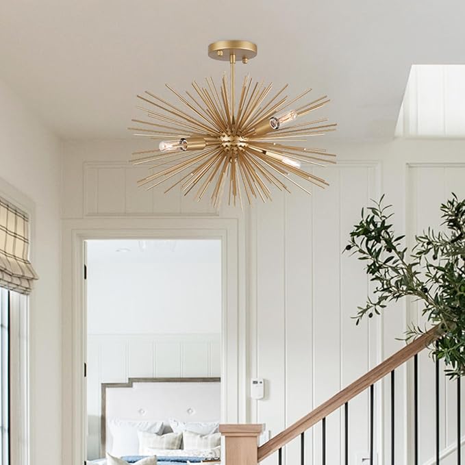 Modern Sputnik Chandelier Ceiling Light Fixture,4-Light Gold Semi Flush Mount Ceiling Light,20in Solid Metal Starburst Satellite Urchin Chandelier for Entry Dining Room Bedroom Kitchen Foyer