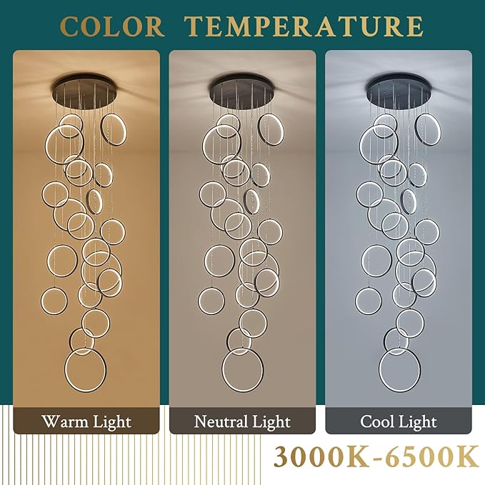 20 Rings Modern LED Chandelier for High Ceiling Dimmable Black Contemporary Foyer Long Chandelier for Entryway, Long Pendant Light Fixture Staircase Dining Living Room, 3000-6500K