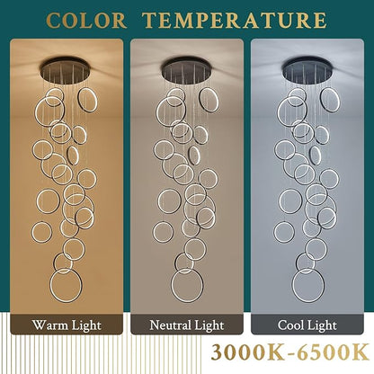 20 Rings Modern LED Chandelier for High Ceiling Dimmable Black Contemporary Foyer Long Chandelier for Entryway, Long Pendant Light Fixture Staircase Dining Living Room, 3000-6500K