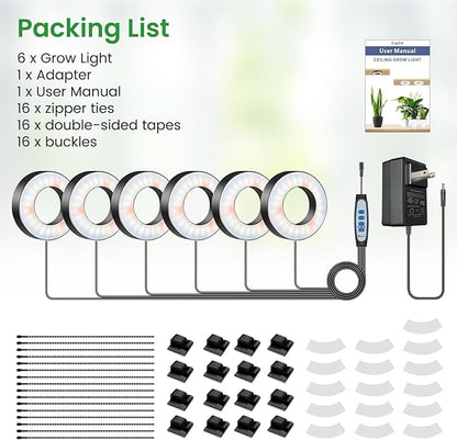 Wiaxulay Ceiling Grow Lights for Indoor Plants, 288 LED Full Spectrum 3.5in Halo Plant Grow Light, 12/3A Under Cabinet Grow Lamp with Auto Timer 6/12/16 Hrs, 3 Lighting Mode, 5 Brightness, Six Head
