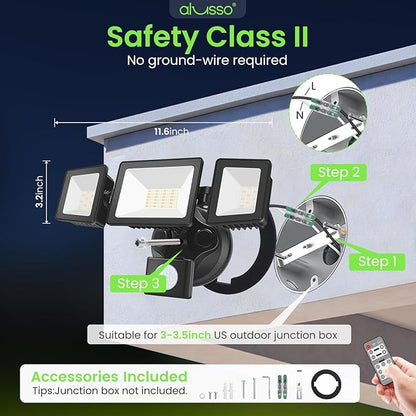 LED Security Lights Motion Sensor, 36W 3000LM Flood Lights Outdoor Motion Sensor with Remote, Dimmable Brightness 3000K-6000K CCT IP65 3 Heads Outdoor Security Light for House Garage Yard 1 Pack