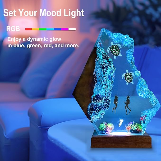 Couple Divers and Sea Turtles Ocean Resin Lamp, Handmade Resin Night Light for Home Bedroom Decor, Multi-Color LED Light, Couples Gifts for Him and Her, Unique Gifts for Wife and Husband (12"x8")