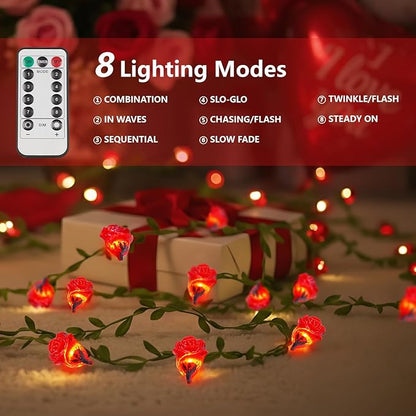 suddus 40 LED Fairy Lights Battery Powered,12.5ft Red Rose Flower String Lights with Remote,Valentine Lights for Wedding,Party,Bedroom,Porch,Table,Stairs,Dorm Decor
