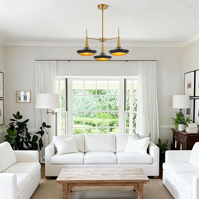 3-Lights Modern Chandelier,Black and Brass Chandelier for Dining Room Living Room,Mid-Century Pendant Light Fixtures,Industrial Hanging Light Fixture,E12
