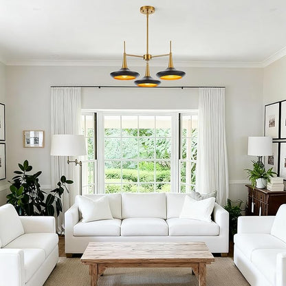 3-Lights Modern Chandelier,Black and Brass Chandelier for Dining Room Living Room,Mid-Century Pendant Light Fixtures,Industrial Hanging Light Fixture,E12