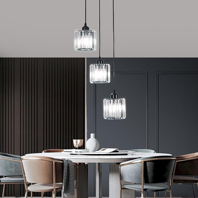 Crystal Pendant Lights Round Ceiling,Modern Crystal Chandeliers Hanging Light Fixture for Kitchen Island,Adjustable Chandelier for Dining Room,Foyer,Living Room Entryway Black 3 Lights