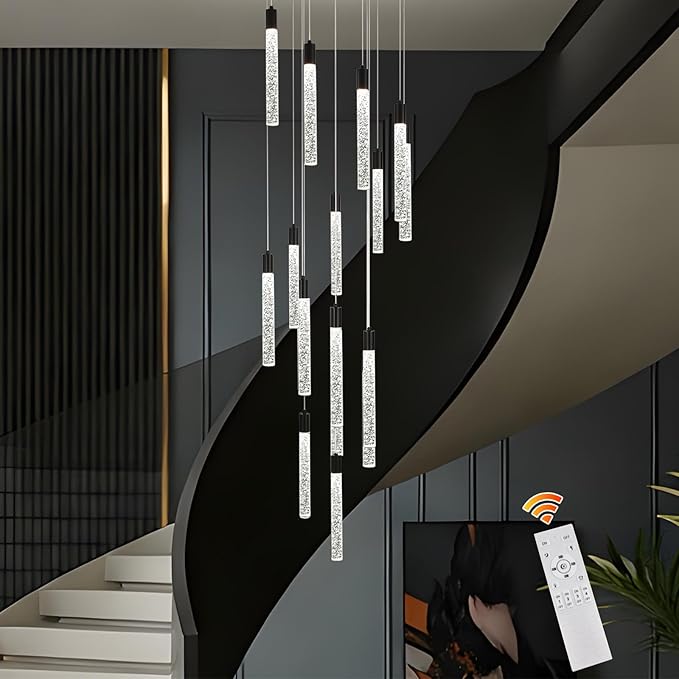 GEADI Modern LED High Ceiling Chandelier with Remote Control,16 Lights Crystal Foyer Chandeliers for High Ceilings,Black Dimmable Long Pendant Light for Staircase Entryway Living Room